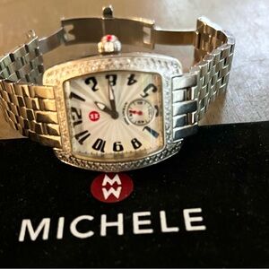 Michele Urban Mini with Diamonds with silver link band and 4 extra watchbands.